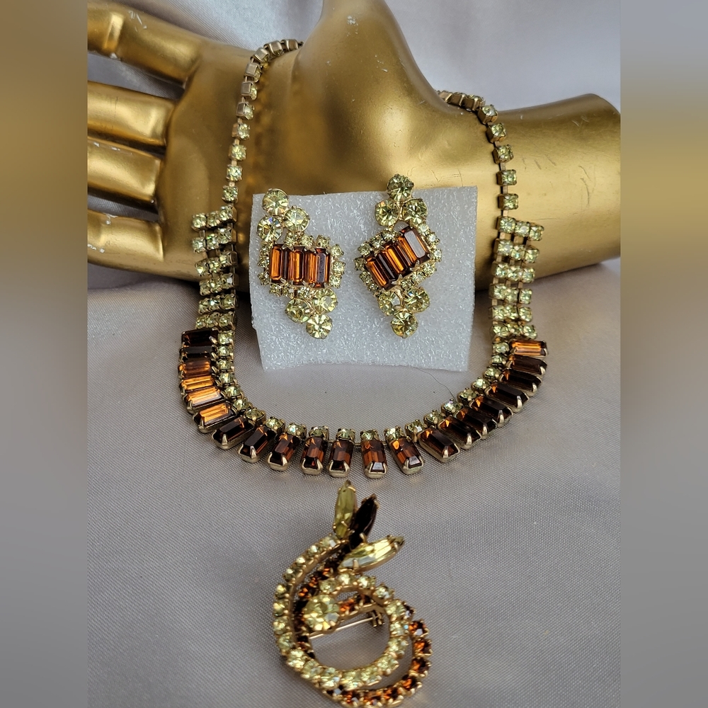 Vintage 50's Prong Smoky Topaz Citrine Rhinestone Necklace Earrings Brooch Set